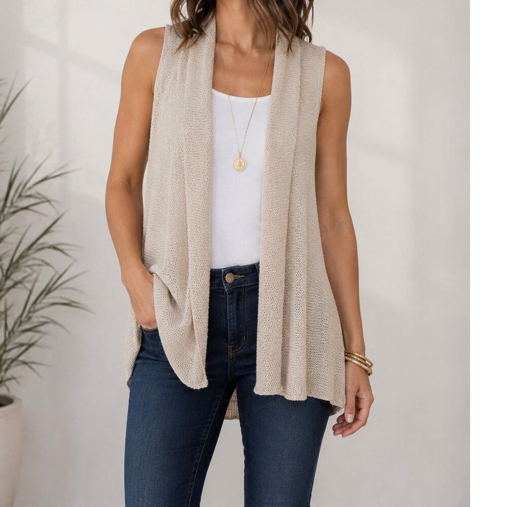 Cabi M Linen Cotton Open Knit Beige Fisherman Roll Collar Vest Coastal Granola